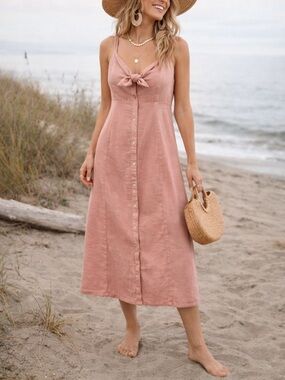 Splendid Pink Linen Blend Midi Dress M Tie Front